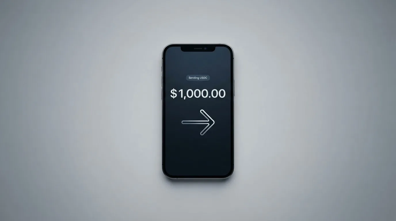 A phone showing a stablecoin transfer screen