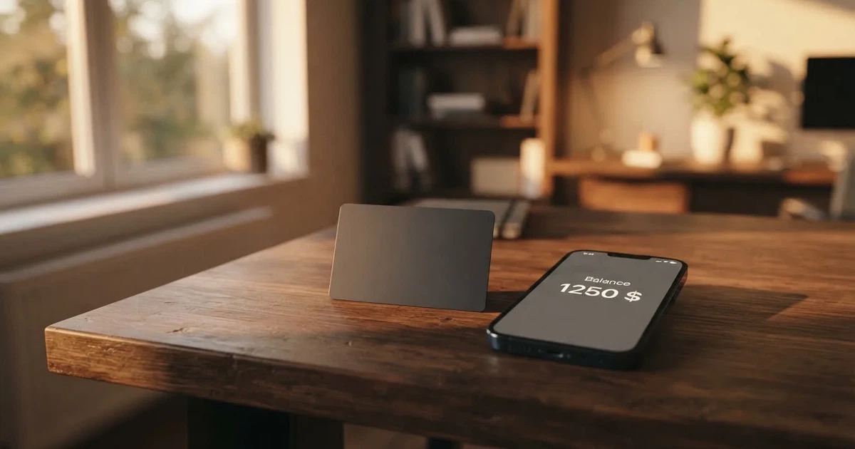 A payment card next to a phone with a crypto wallet app open