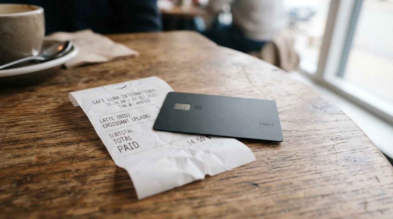 A receipt and a card on a café table