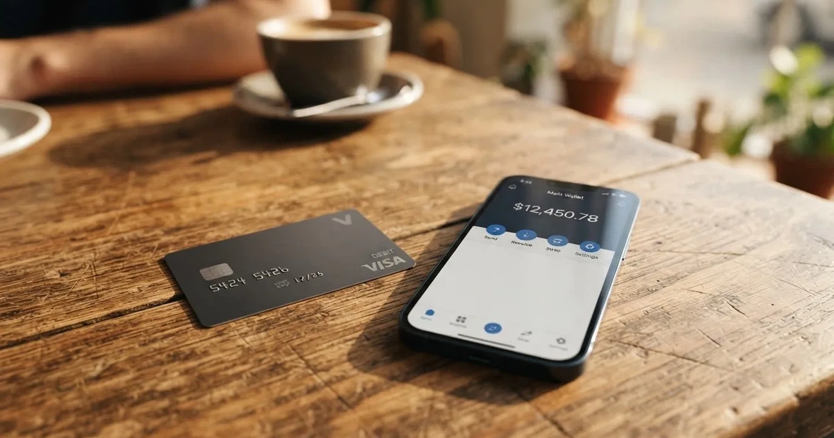 A payment card next to a phone with a crypto wallet app open