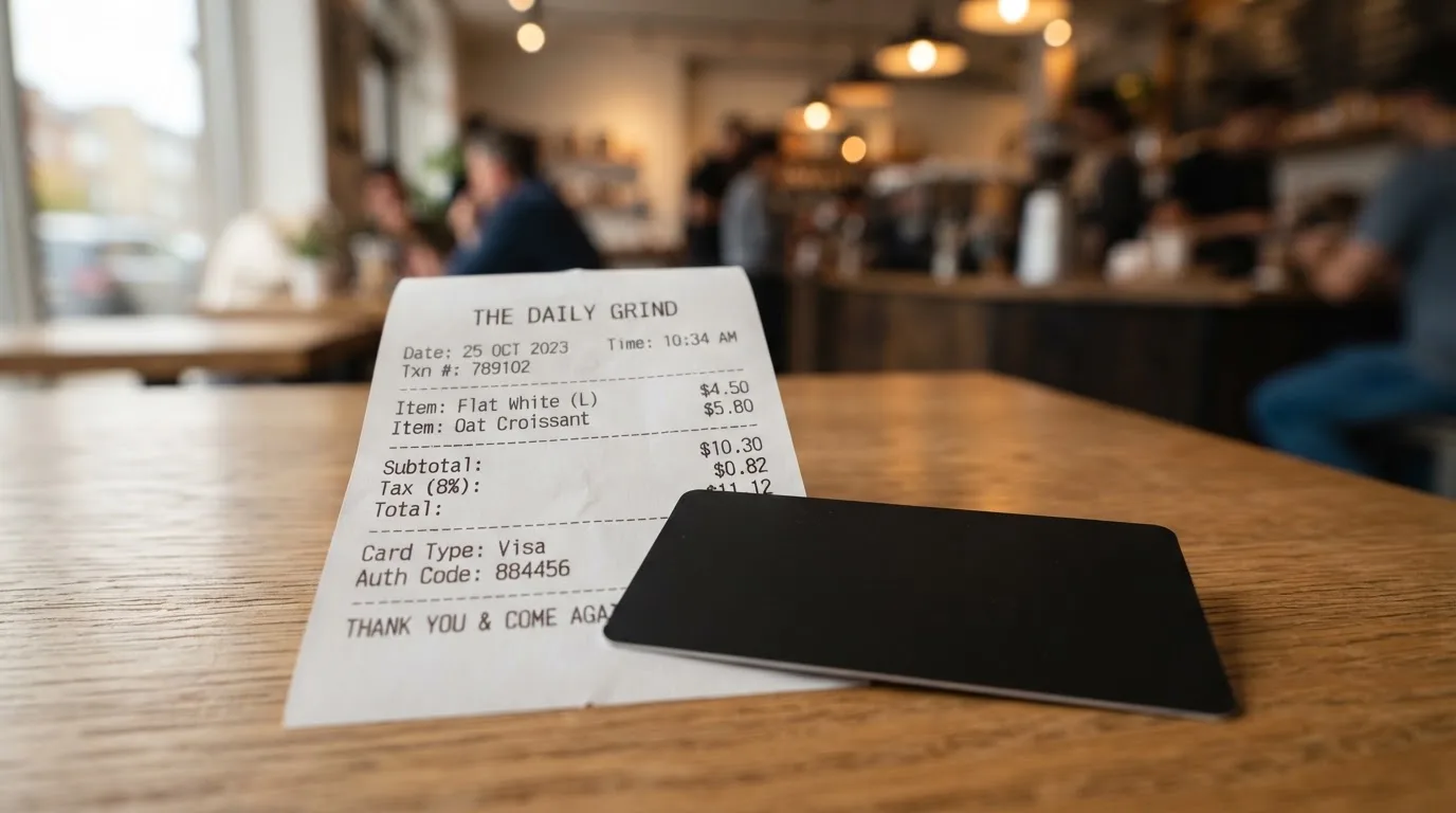 A receipt and a card on a café table