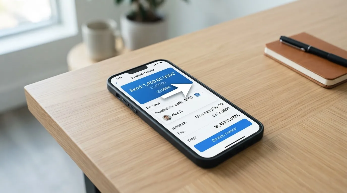 A phone showing a stablecoin transfer screen