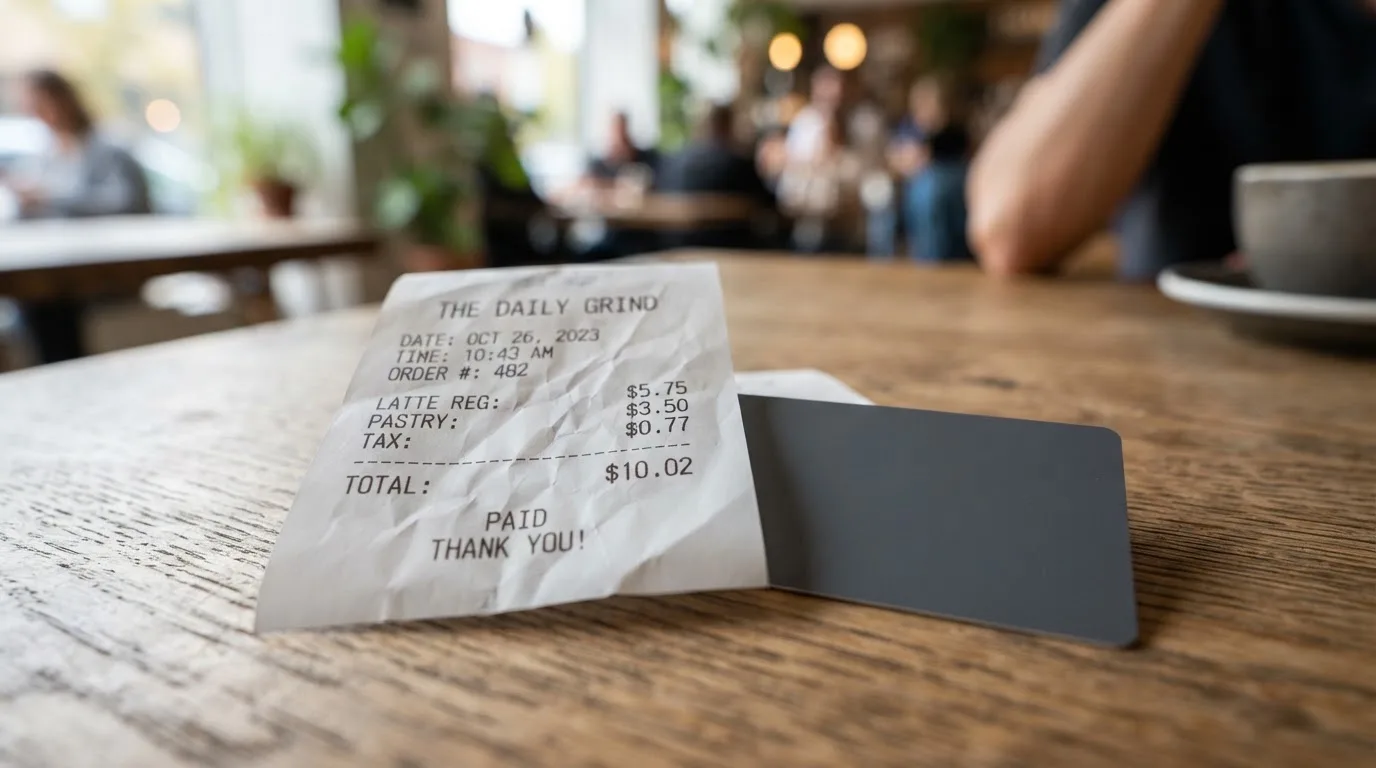 A receipt and a card on a café table