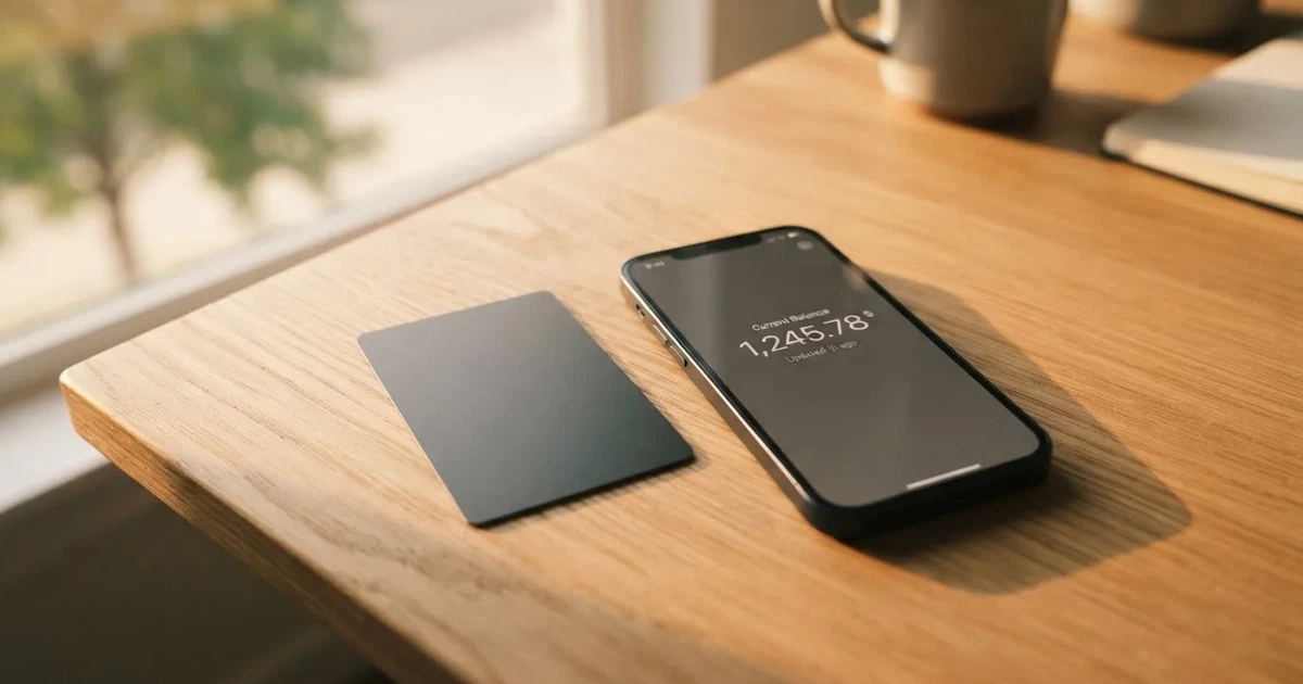 A payment card next to a phone with a crypto wallet app open