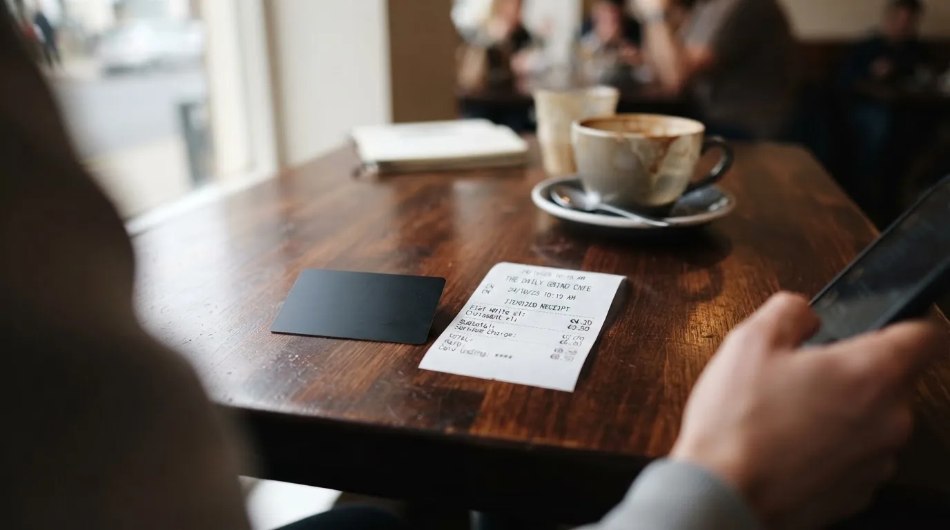 A receipt and a card on a café table