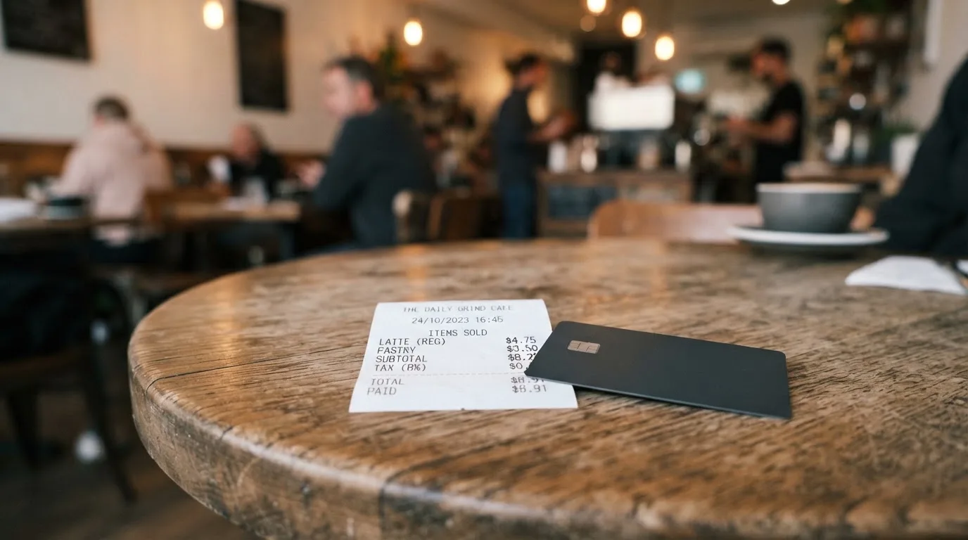 A receipt and a card on a café table