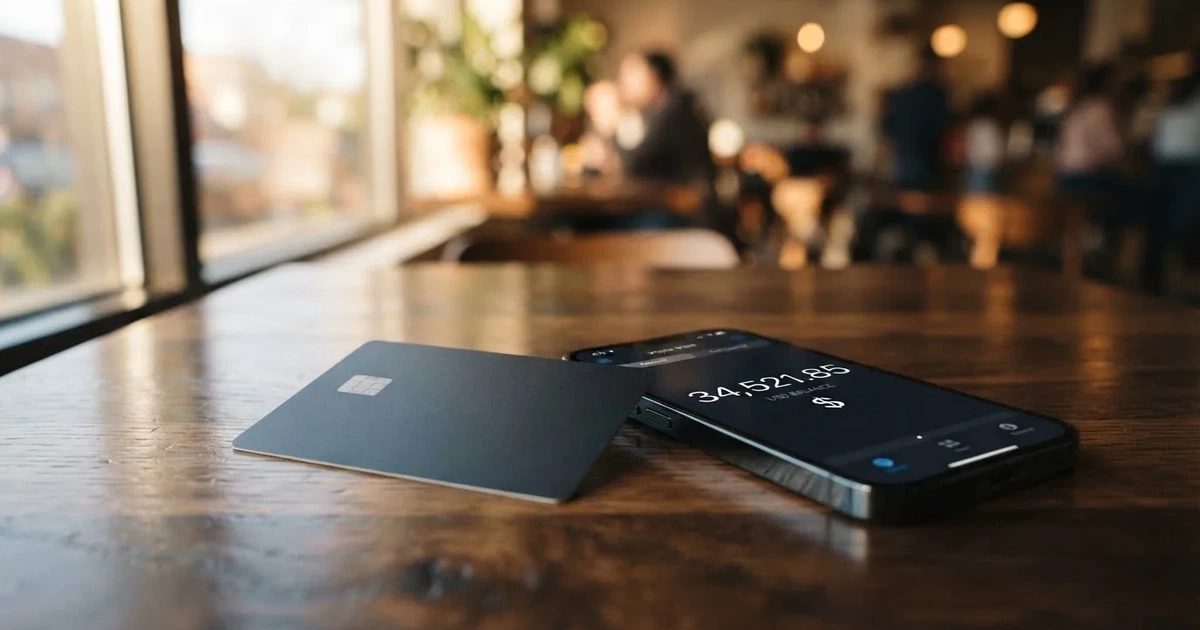A payment card next to a phone with a crypto wallet app open