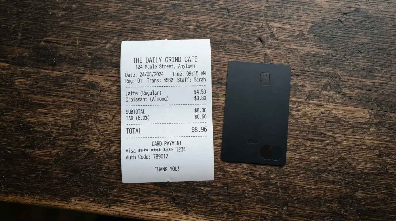 A receipt and a card on a café table