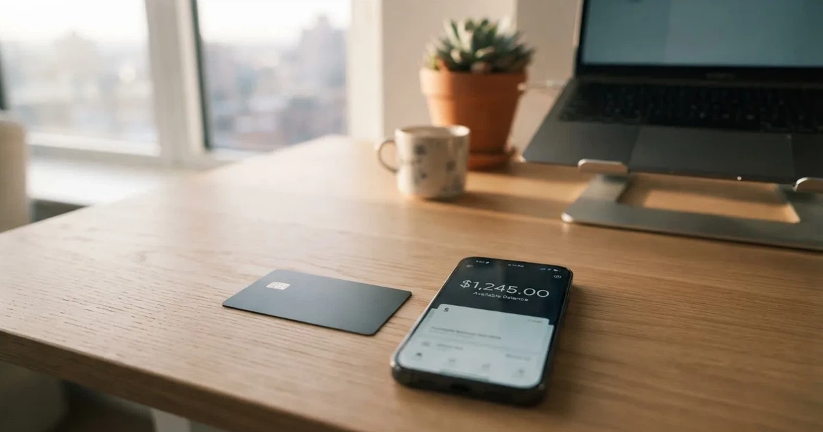 A payment card next to a phone with a crypto wallet app open