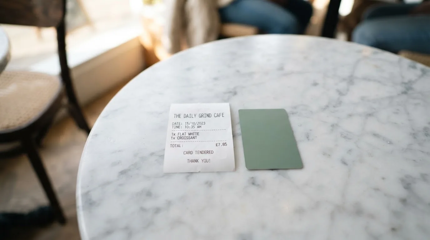 A receipt and a card on a café table