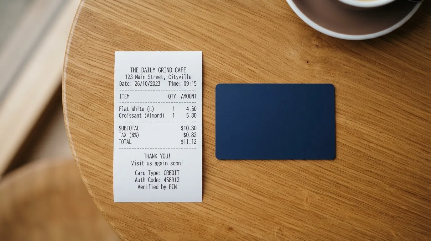 A receipt and a card on a café table