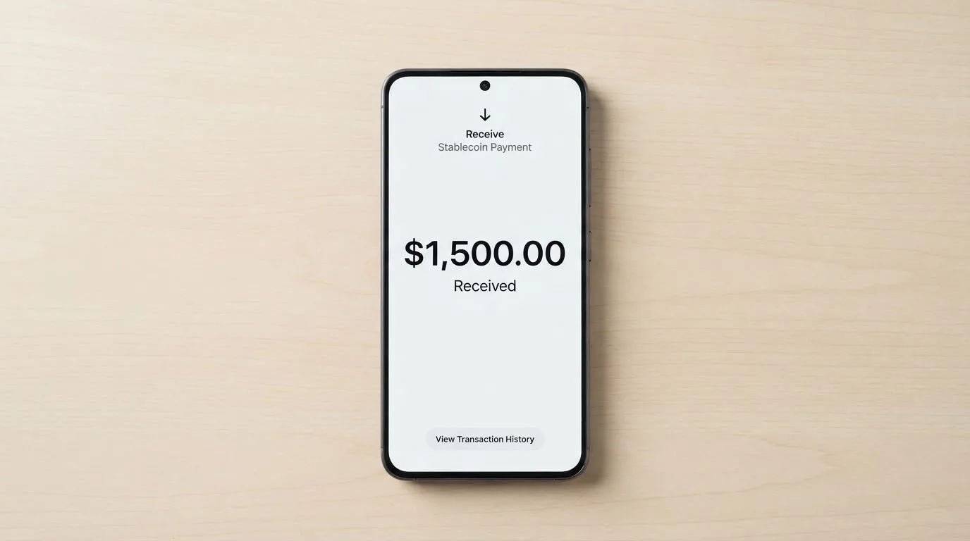 A phone showing a stablecoin transfer screen
