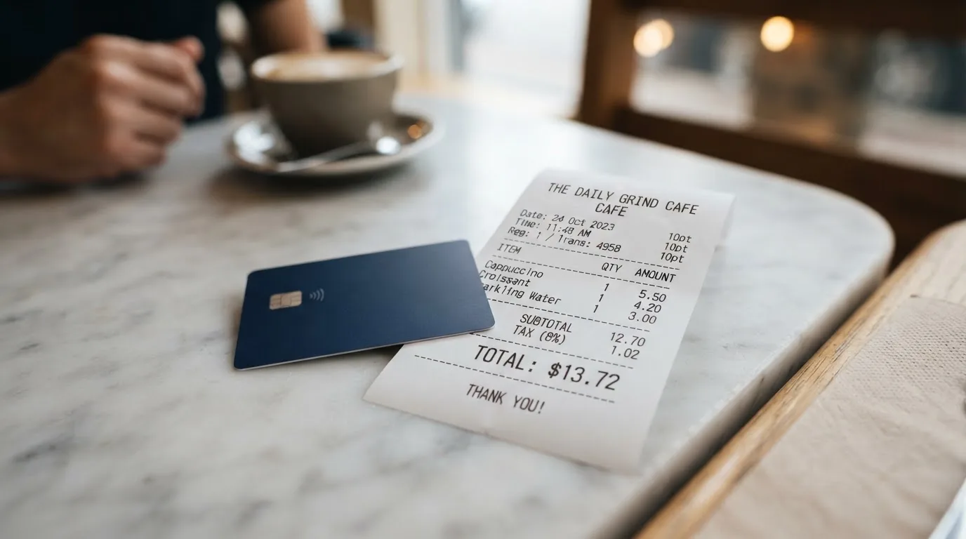 A receipt and a card on a café table