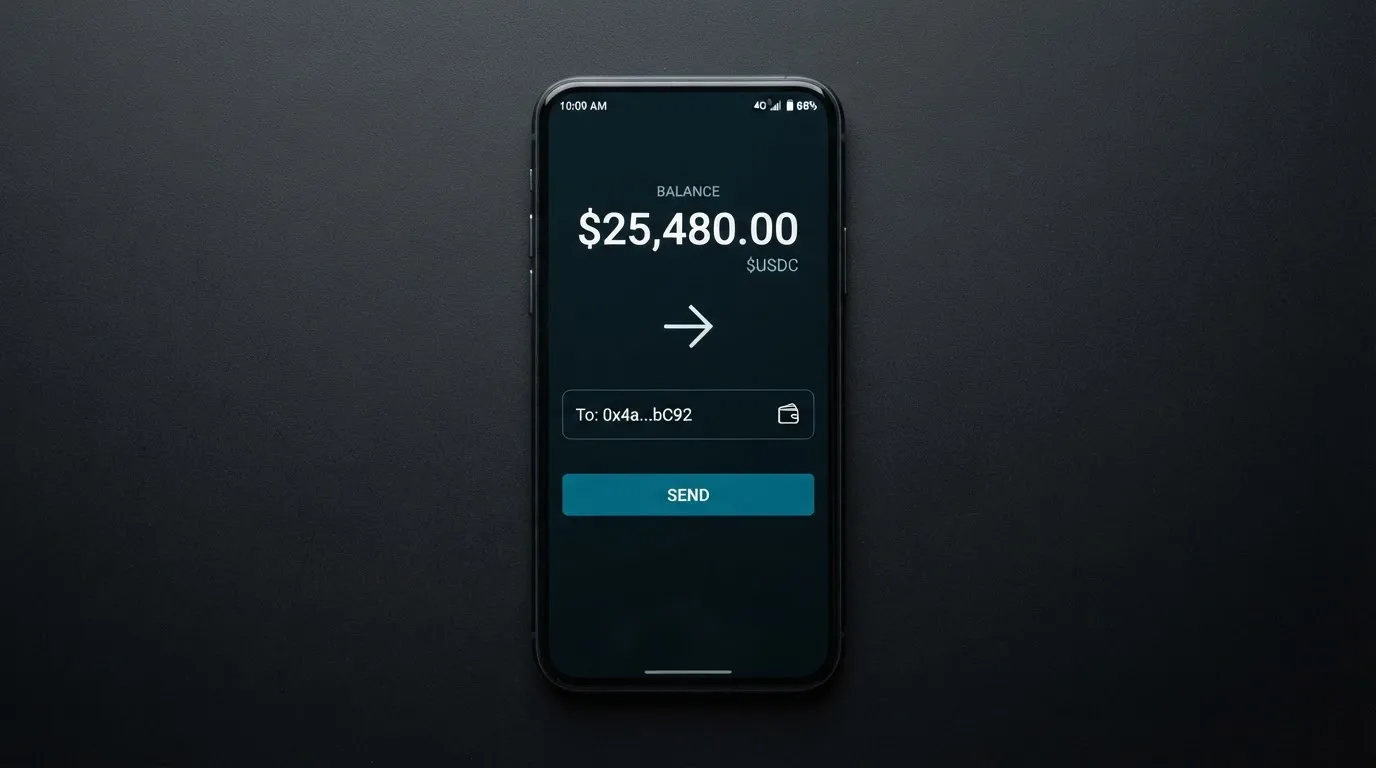 A phone showing a stablecoin transfer screen