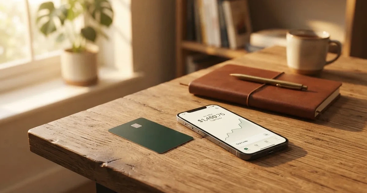 A payment card next to a phone with a crypto wallet app open