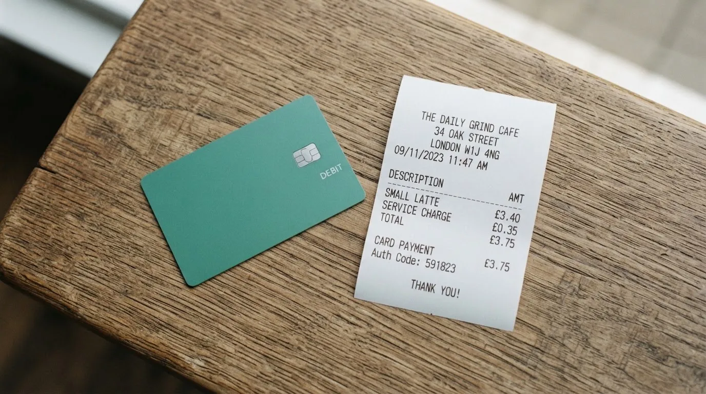 A receipt and a card on a café table