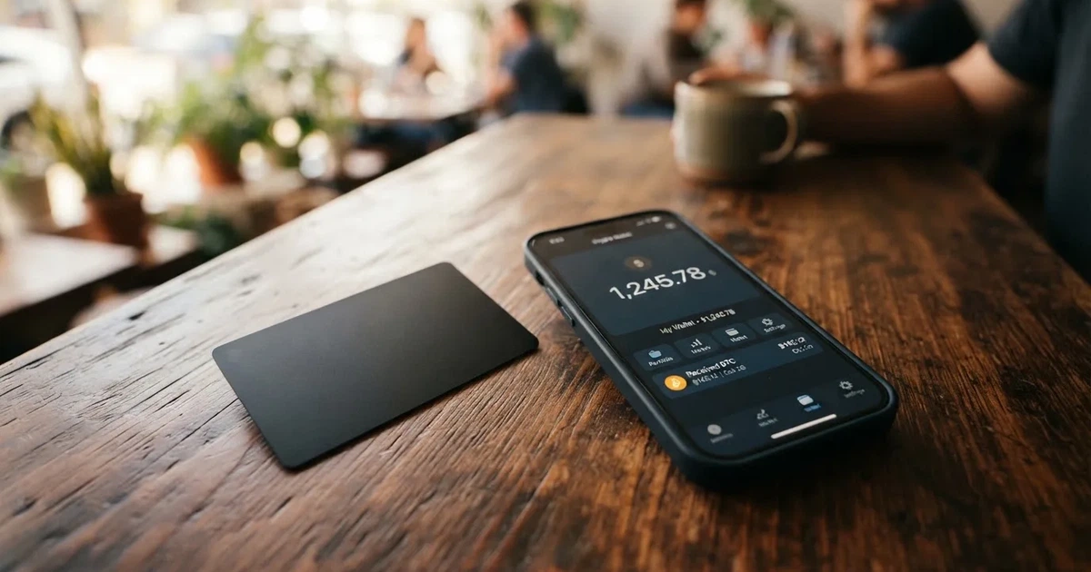 A payment card next to a phone with a crypto wallet app open