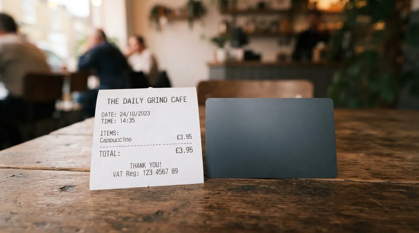 A receipt and a card on a café table