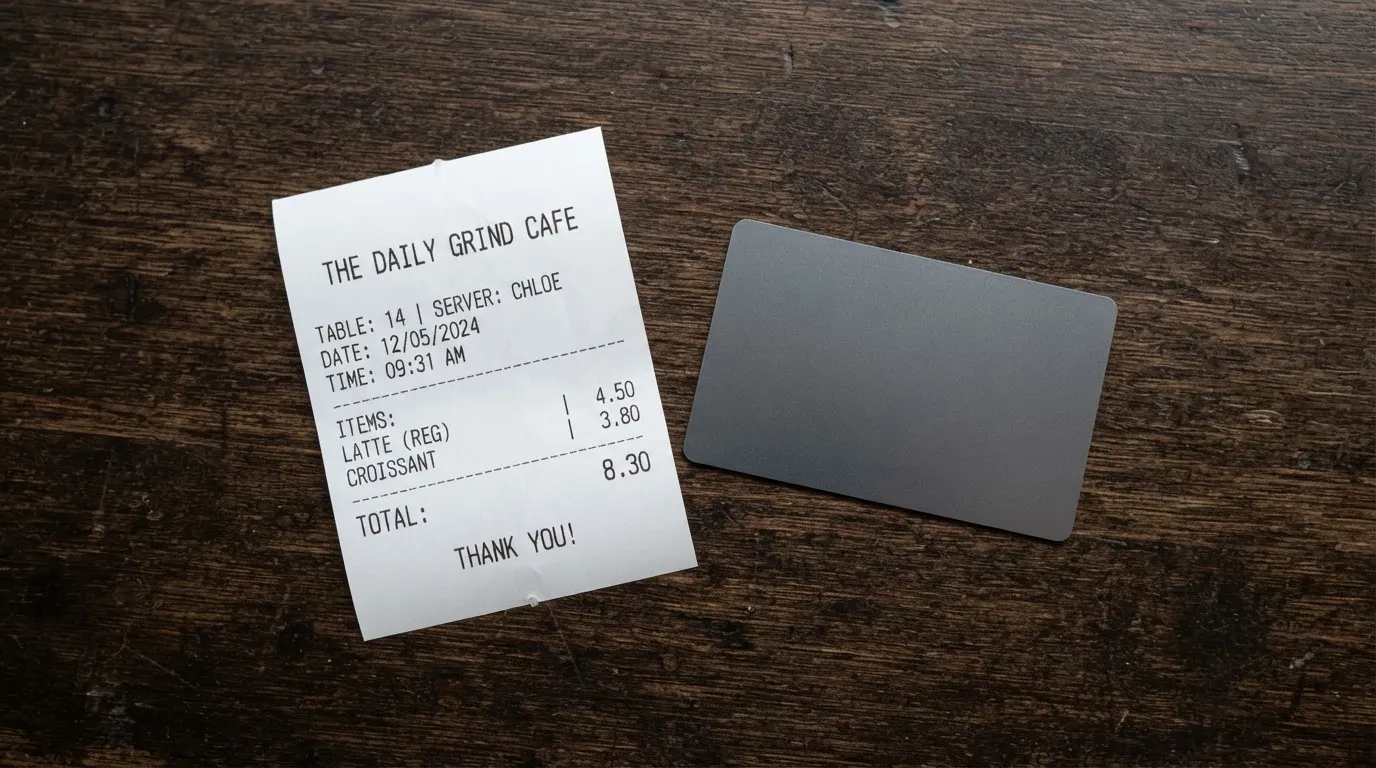 A receipt and a card on a café table