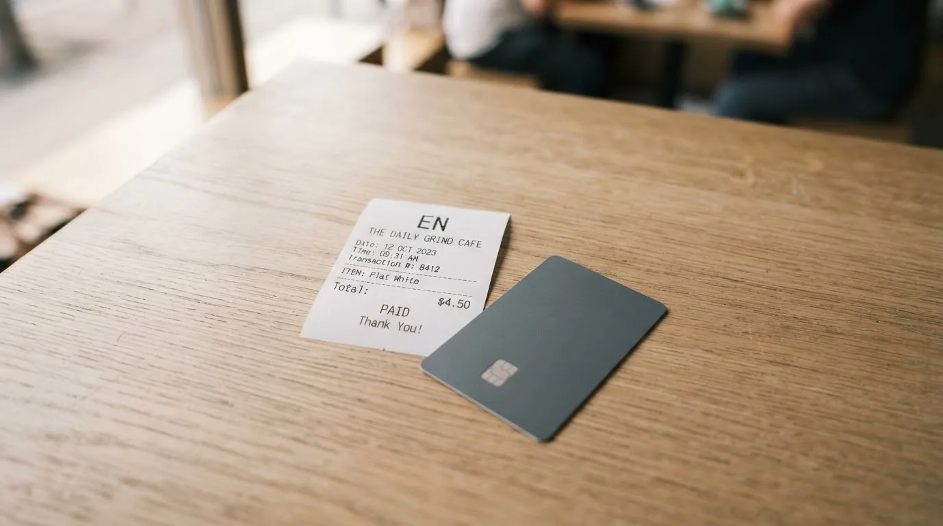 A receipt and a card on a café table