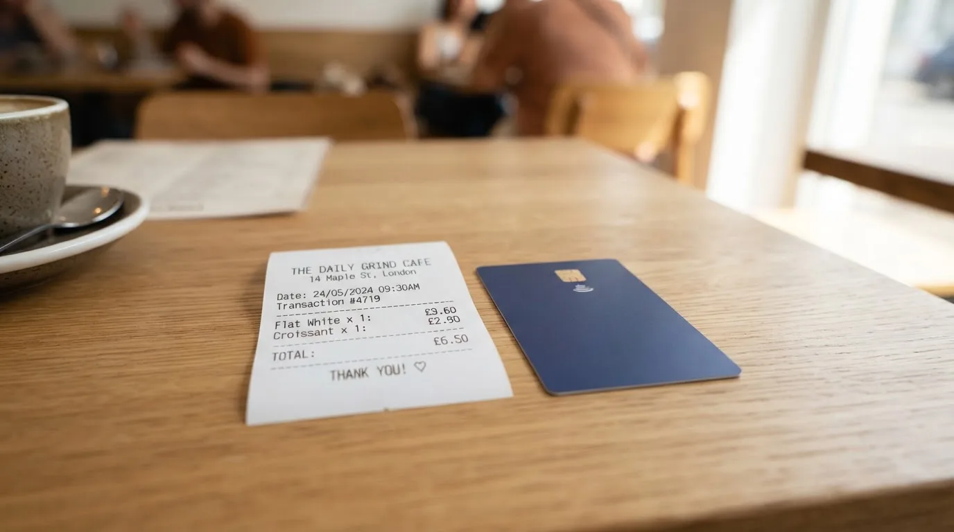 A receipt and a card on a café table