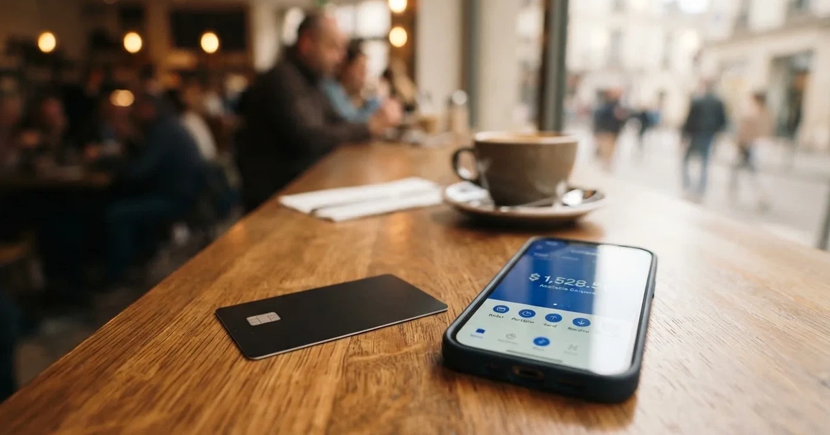 A payment card next to a phone with a crypto wallet app open
