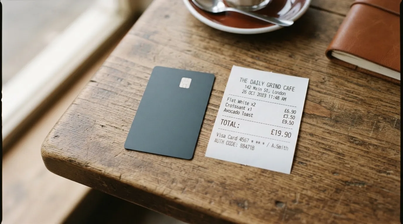 A receipt and a card on a café table