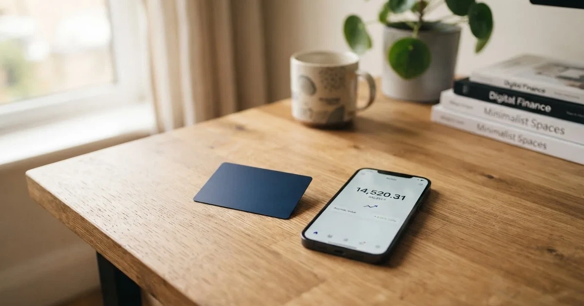 A payment card next to a phone with a crypto wallet app open