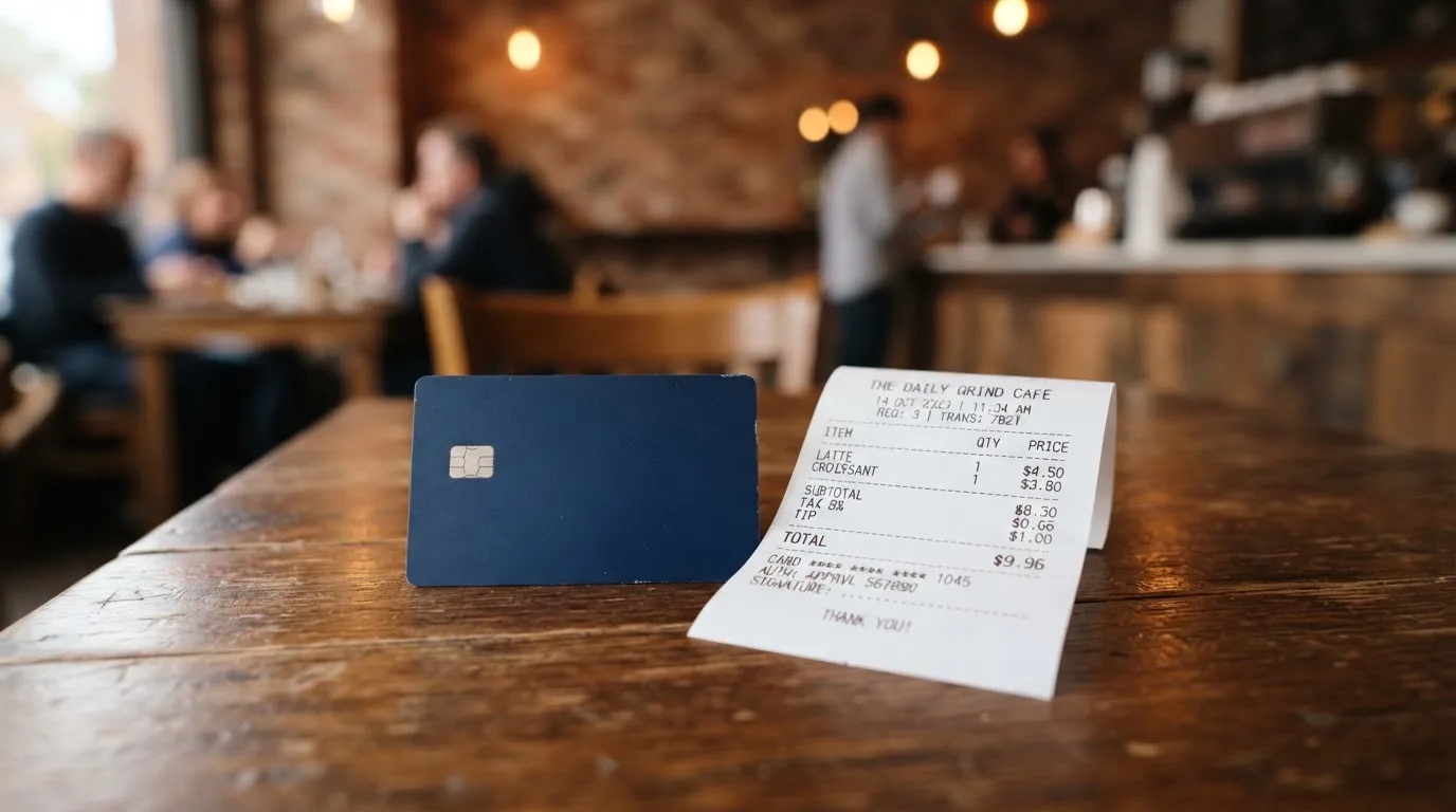 A receipt and a card on a café table