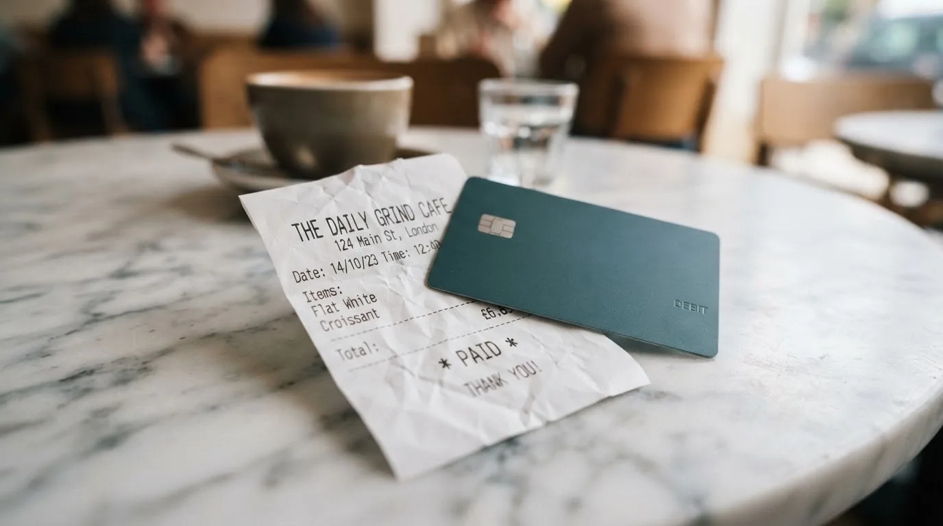 A receipt and a card on a café table