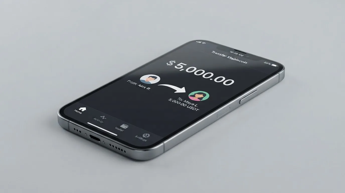 A phone showing a stablecoin transfer screen