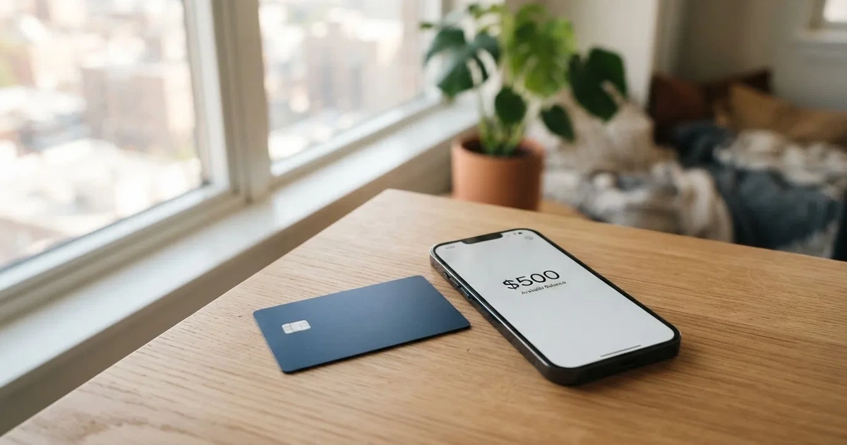 A payment card next to a phone with a crypto wallet app open