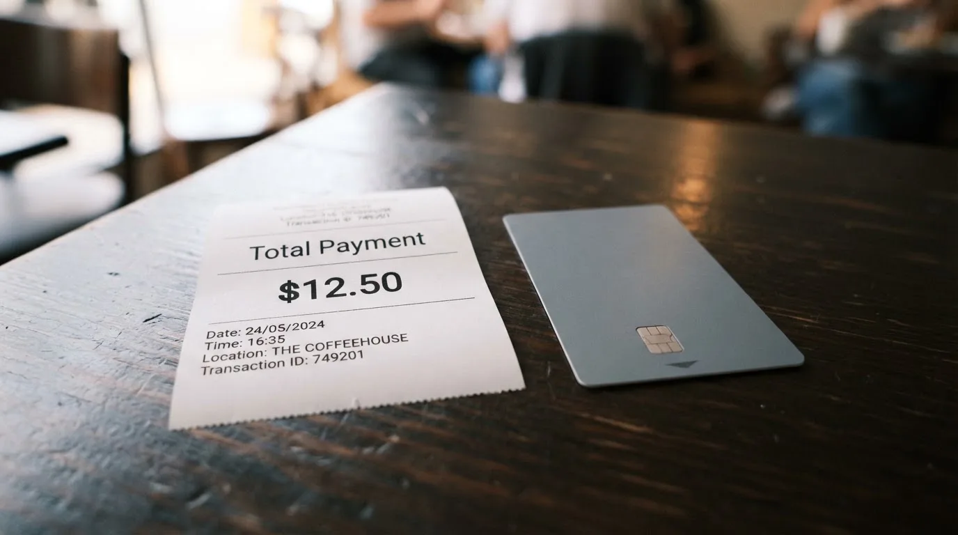 A receipt and a card on a café table