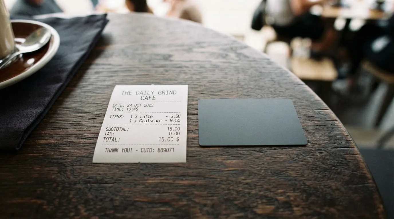 A receipt and a card on a café table