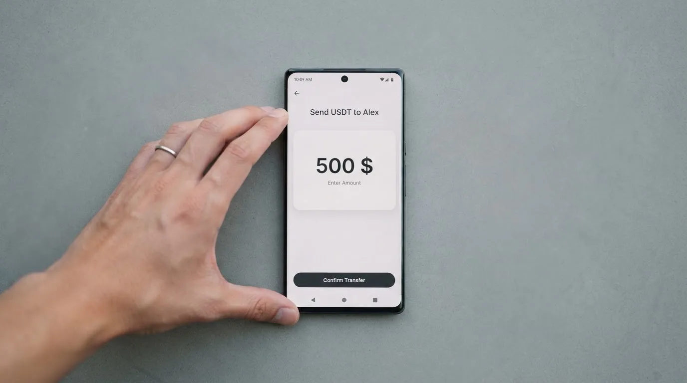 A phone showing a stablecoin transfer screen