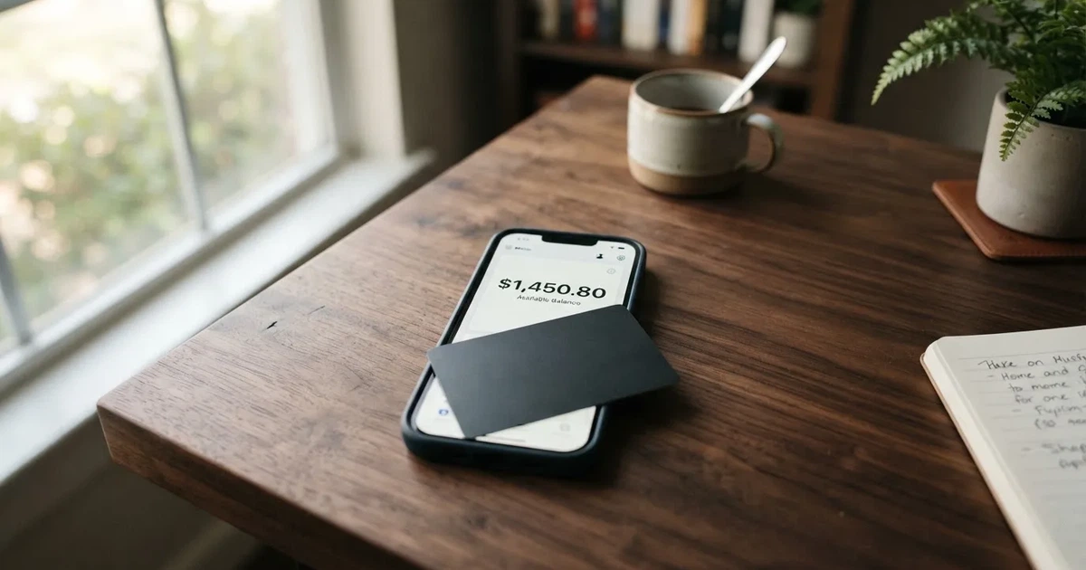 A payment card next to a phone with a crypto wallet app open