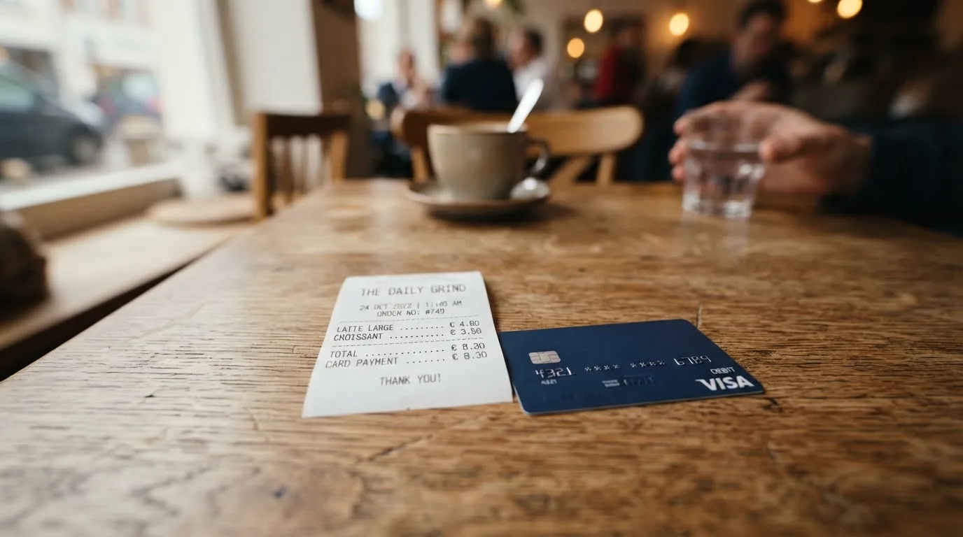 A receipt and a card on a café table