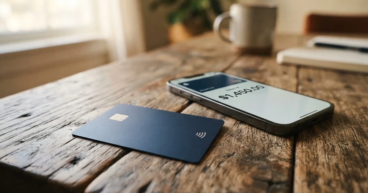 A payment card next to a phone with a crypto wallet app open