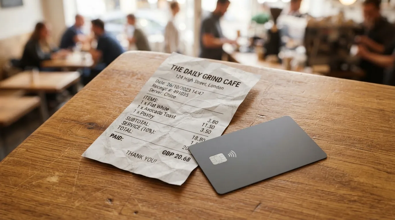 A receipt and a card on a café table