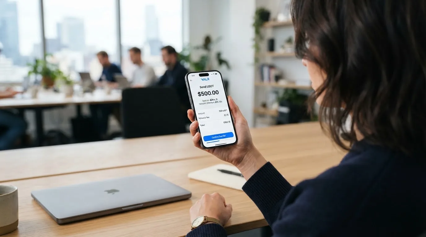 A phone showing a stablecoin transfer screen
