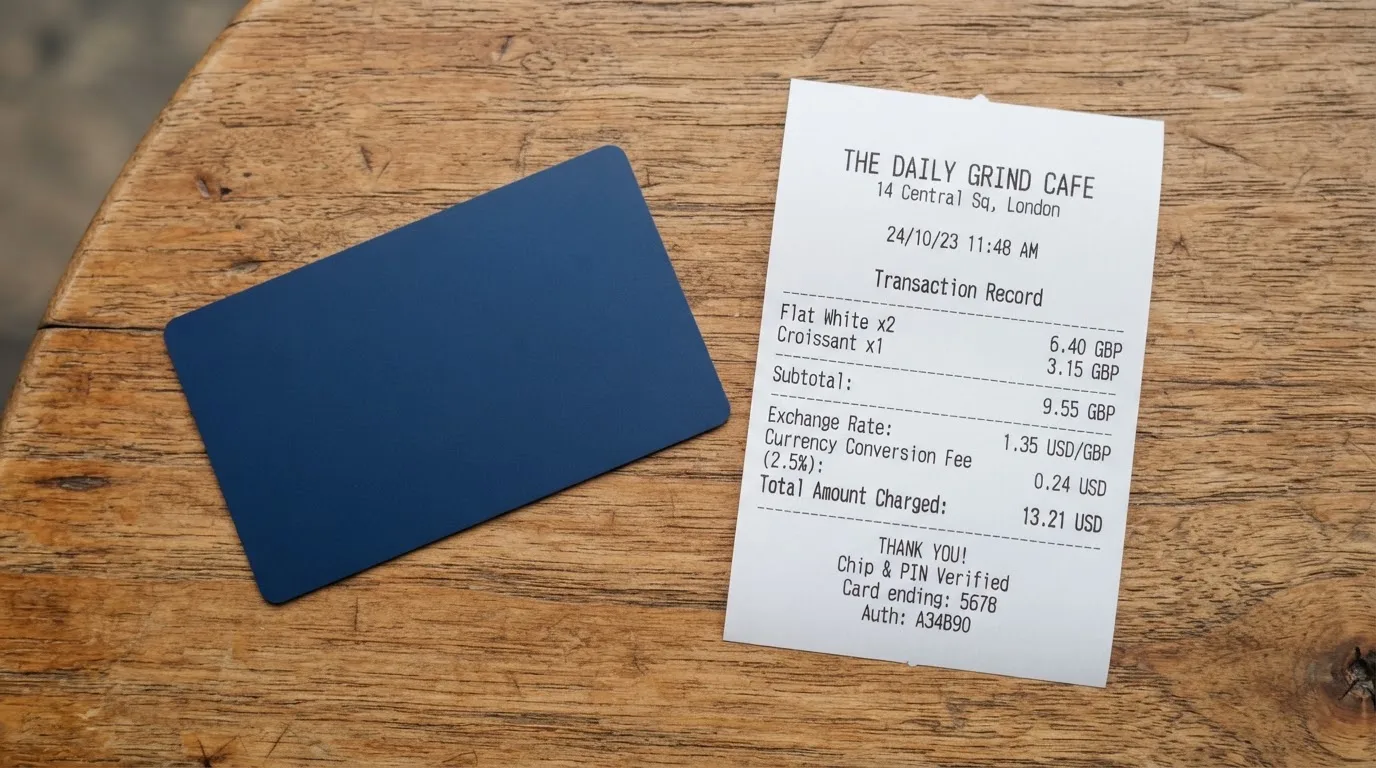 A receipt and a card on a café table