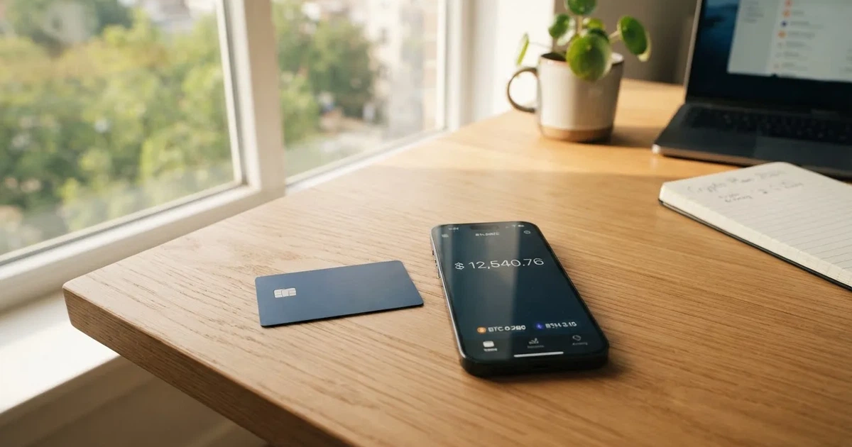 A payment card next to a phone with a crypto wallet app open
