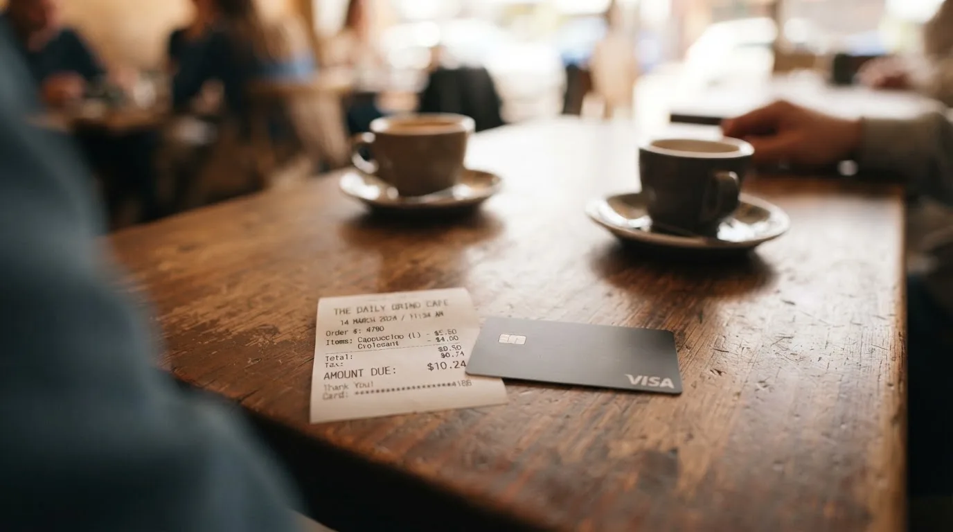 A receipt and a card on a café table