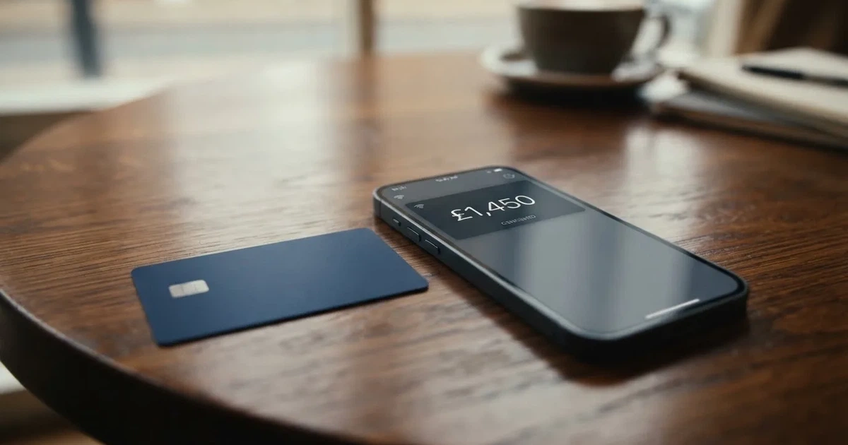 A payment card next to a phone with a crypto wallet app open