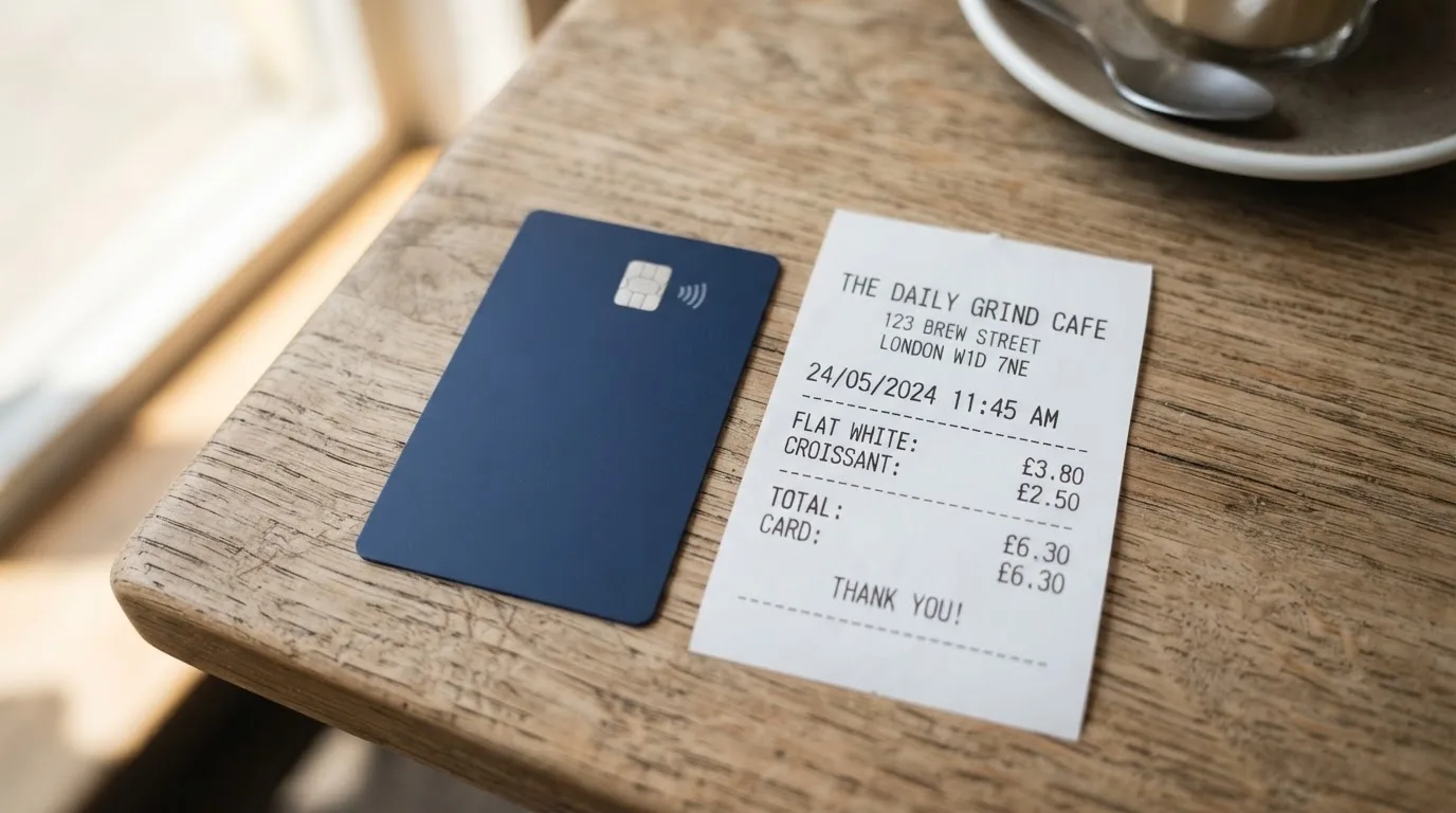 A receipt and a card on a café table