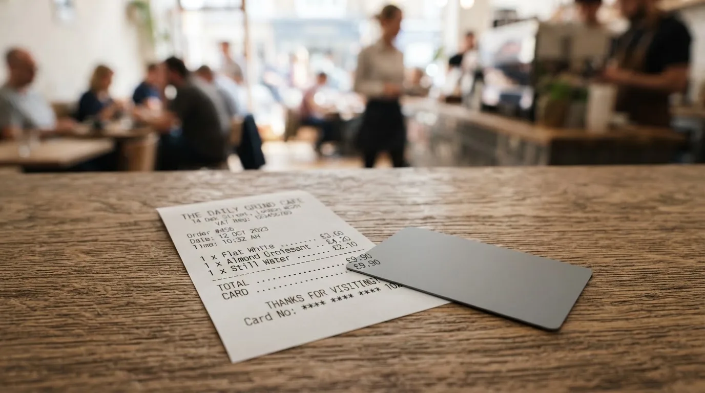 A receipt and a card on a café table