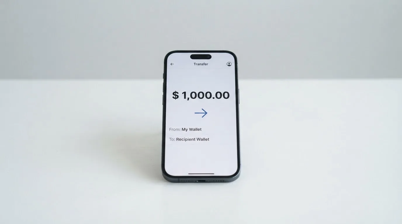 A phone showing a stablecoin transfer screen