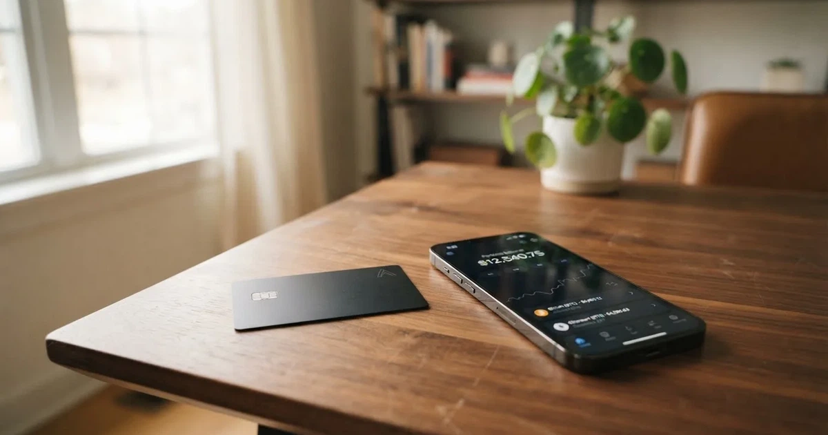 A payment card next to a phone with a crypto wallet app open