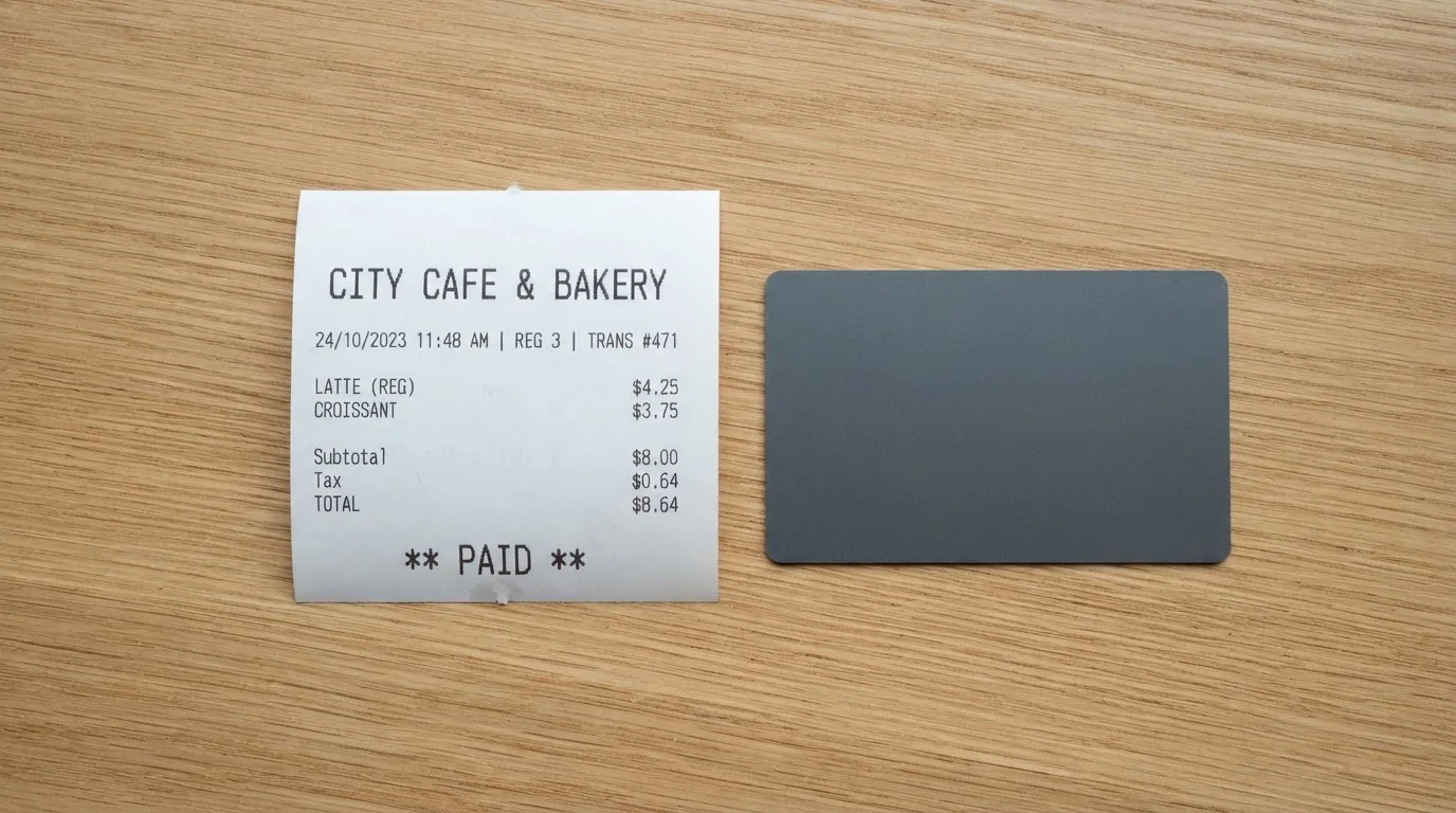 A receipt and a card on a café table