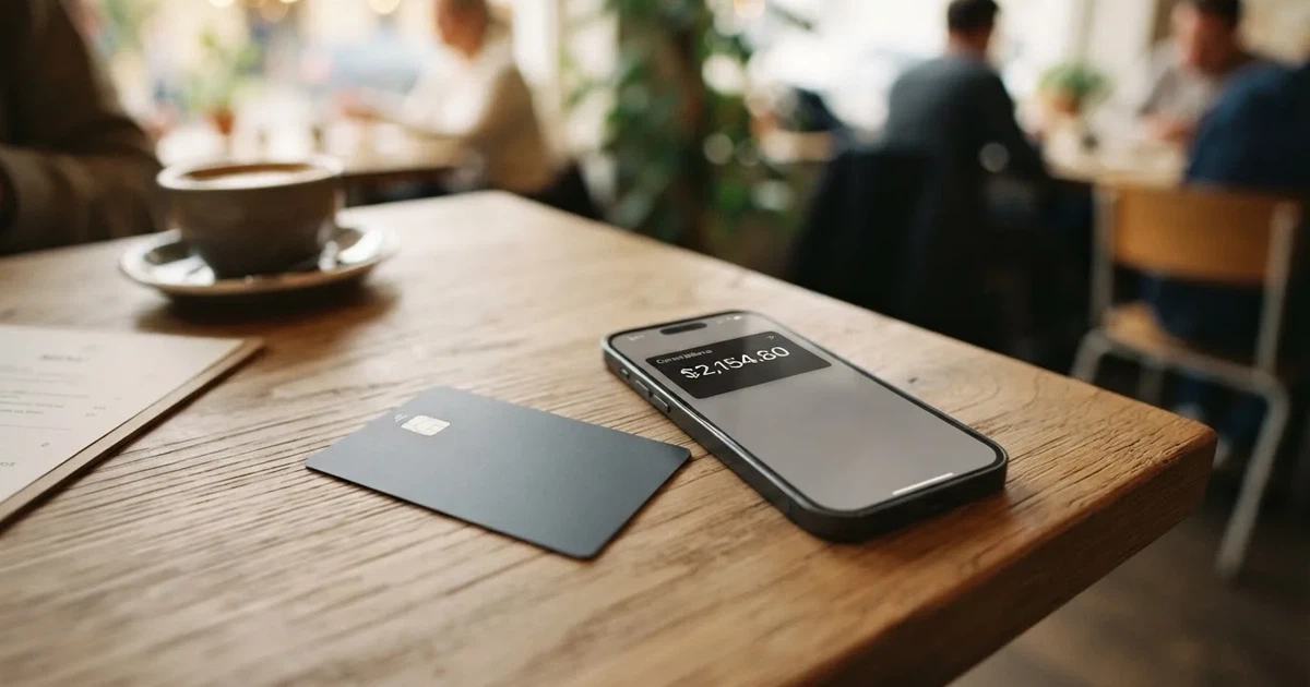 A payment card next to a phone with a crypto wallet app open